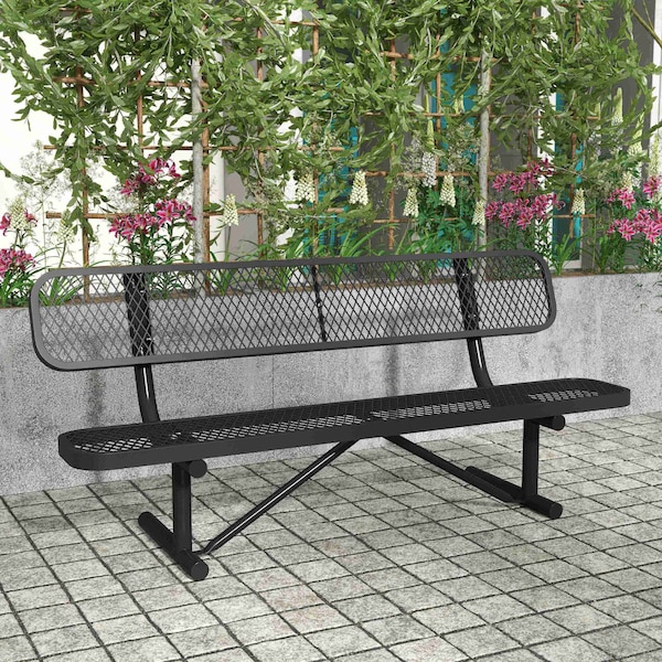 Flash Furniture Sigrid 6' Outdoor Bench with Backrest, Commercial Grade Metal Mesh Seat, Backrest, Black Steel Frame SLF-AG4HUT2-BK-GG - main